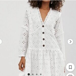 ASOS White Eyelet Dropped Waist Boho Western‎ Dress Size 8